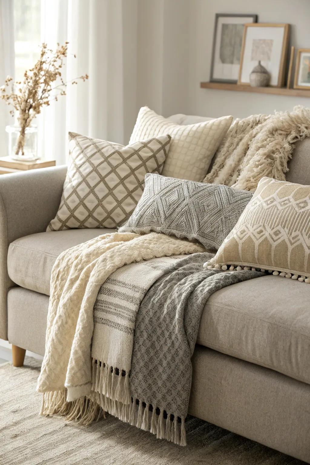 Layering textures creates an inviting, warm atmosphere.