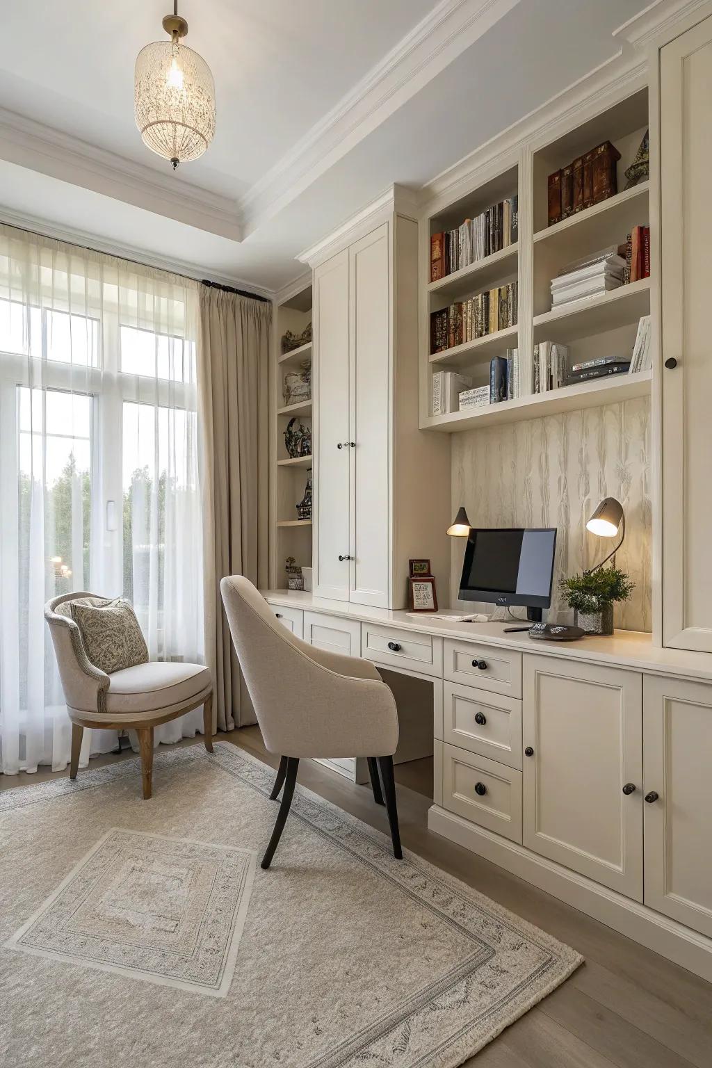 A neutral color scheme creates a workspace that is calm and sophisticated.
