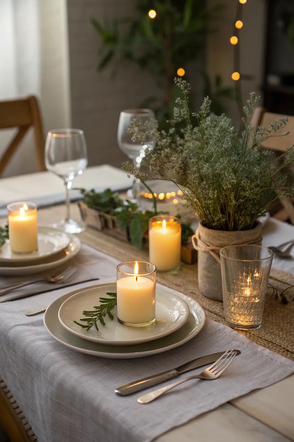 Delicate wax lights infuse a cozy radiance, enriching the table's ambiance.