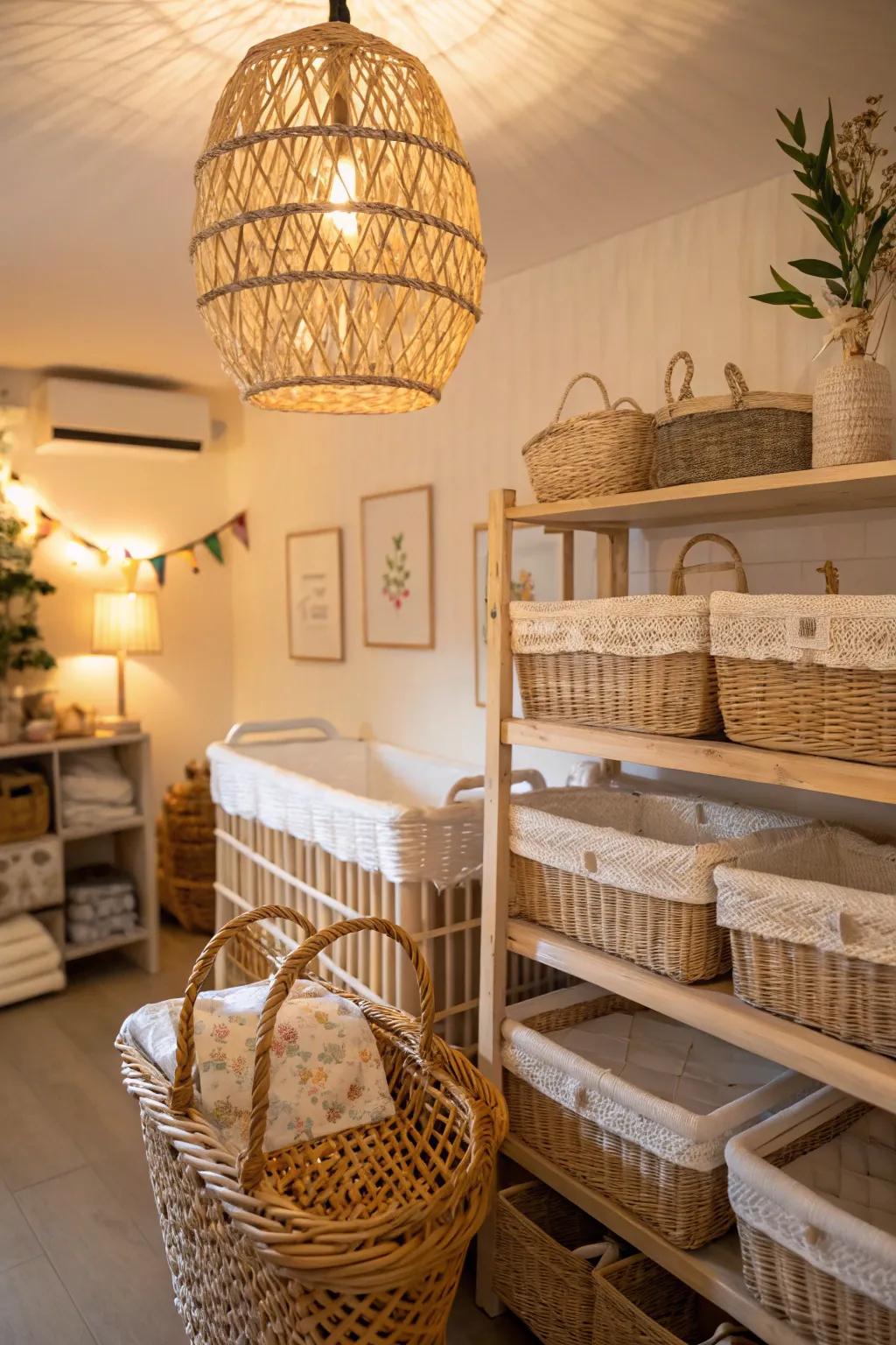 Organic elements contribute an earthy sensation to the baby's room scheme.