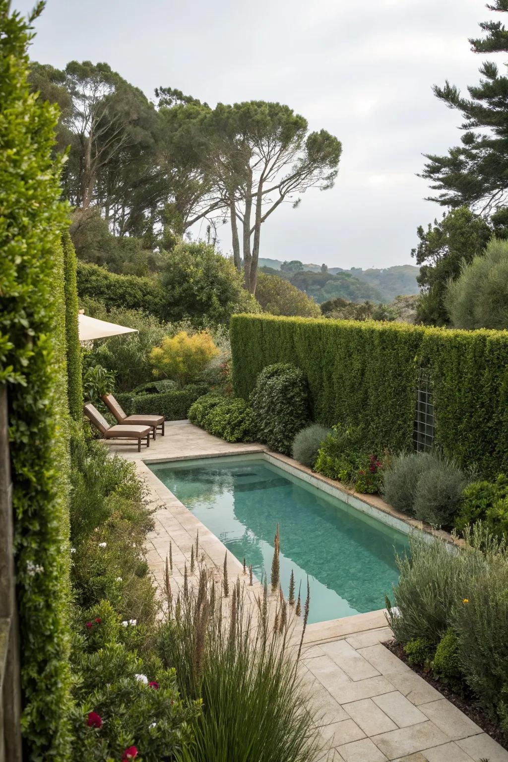 Tall greenery giving privacy and improving the pool setting.