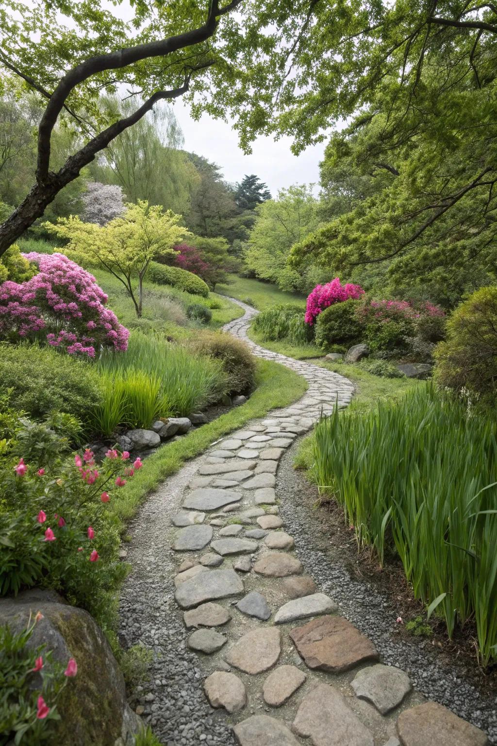 Winding pathways conjure appealing, organic flow through gardens.