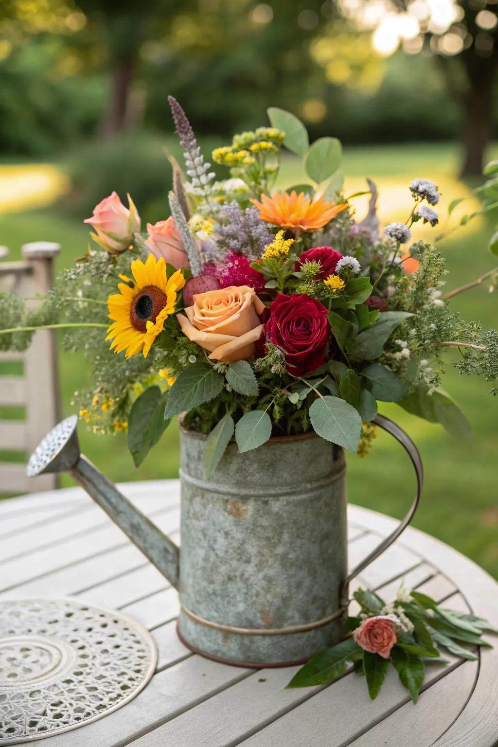 A dynamic assortment of roses and garden flowers yielding an animated arrangement.