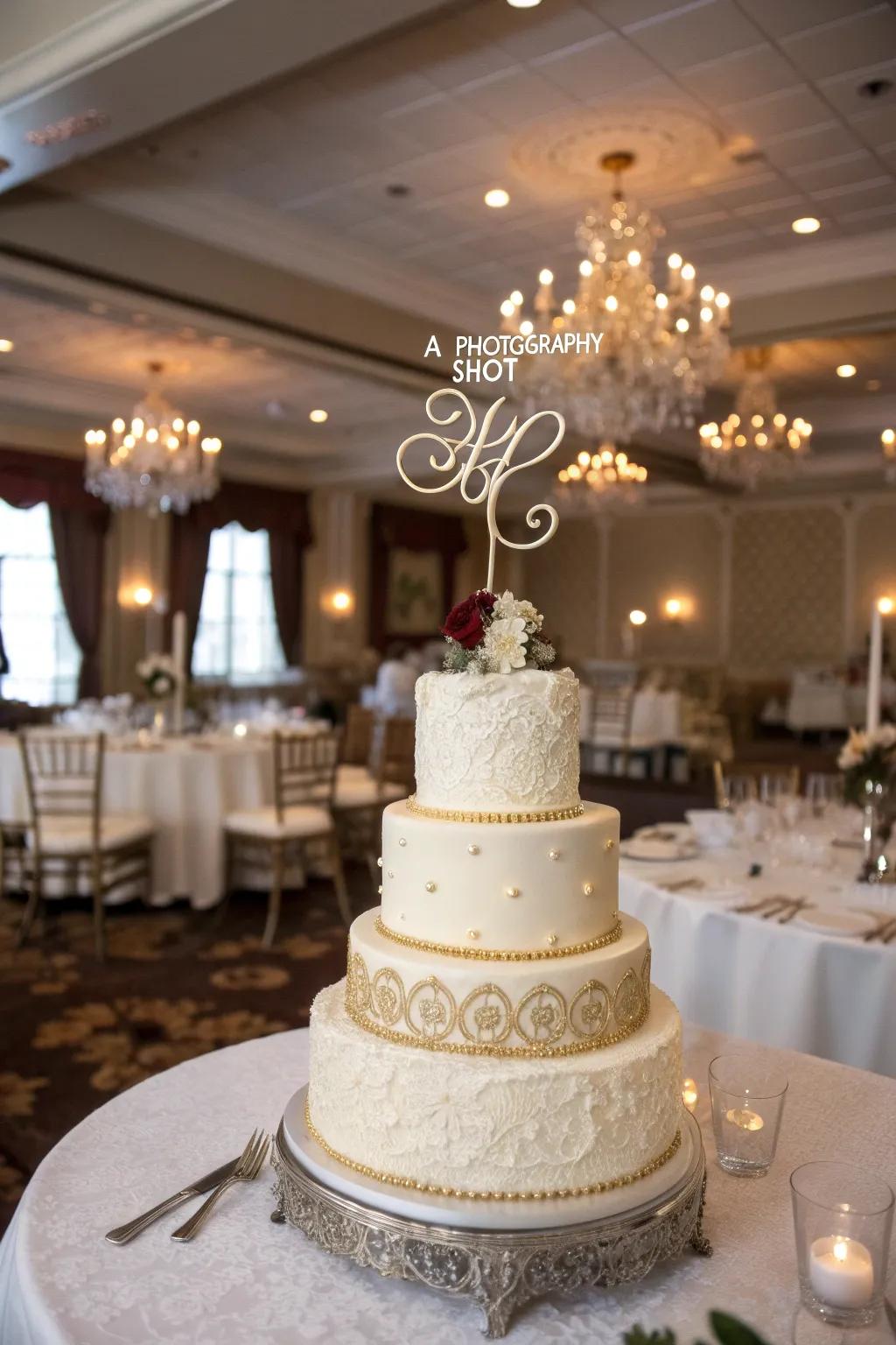 Personalized nuptial confection with a custom topper.