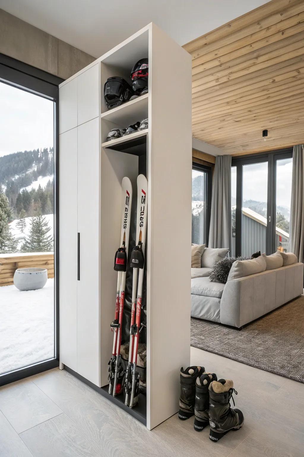 Minimalist ski storage adds a touch of elegance and functionality to any area.