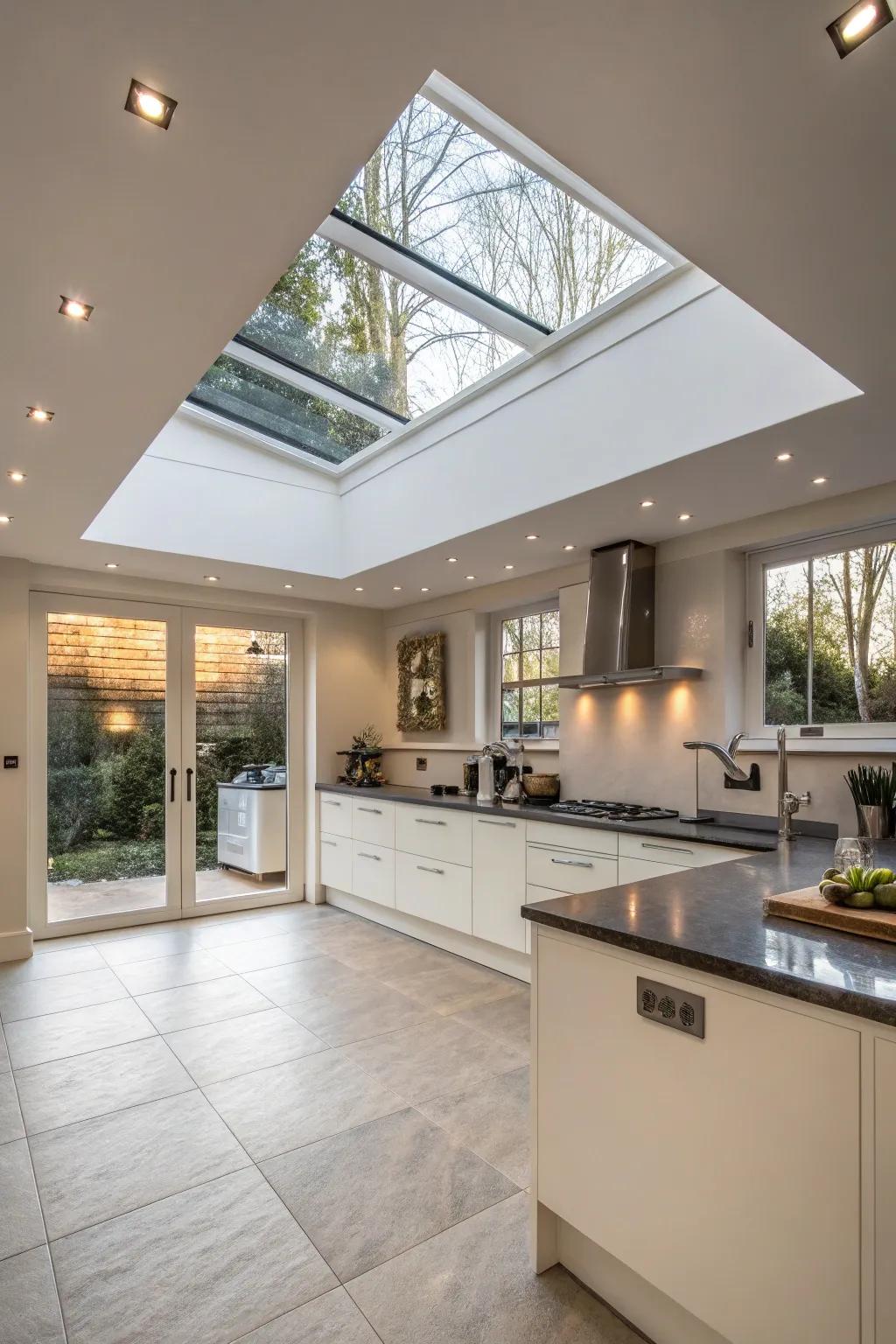 A modern cooking space showcasing a skylight with built-in lighting.