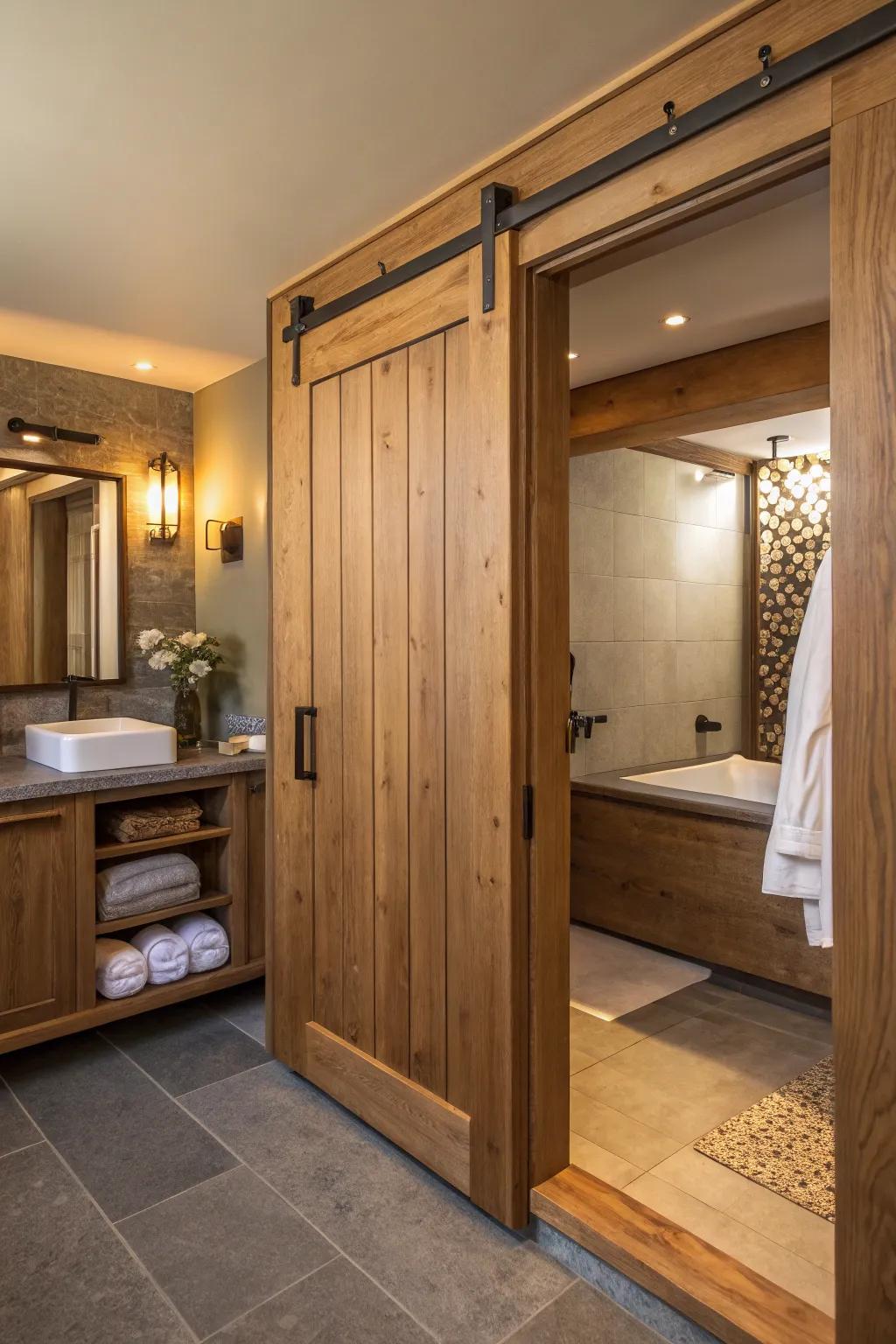 Wood-look moving doors bring warmth and nature's touch to this bathroom.