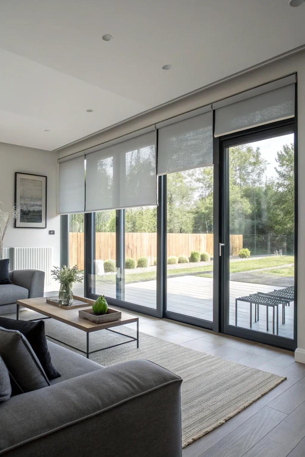 Roll-down shades provide a contemporary and useful option.