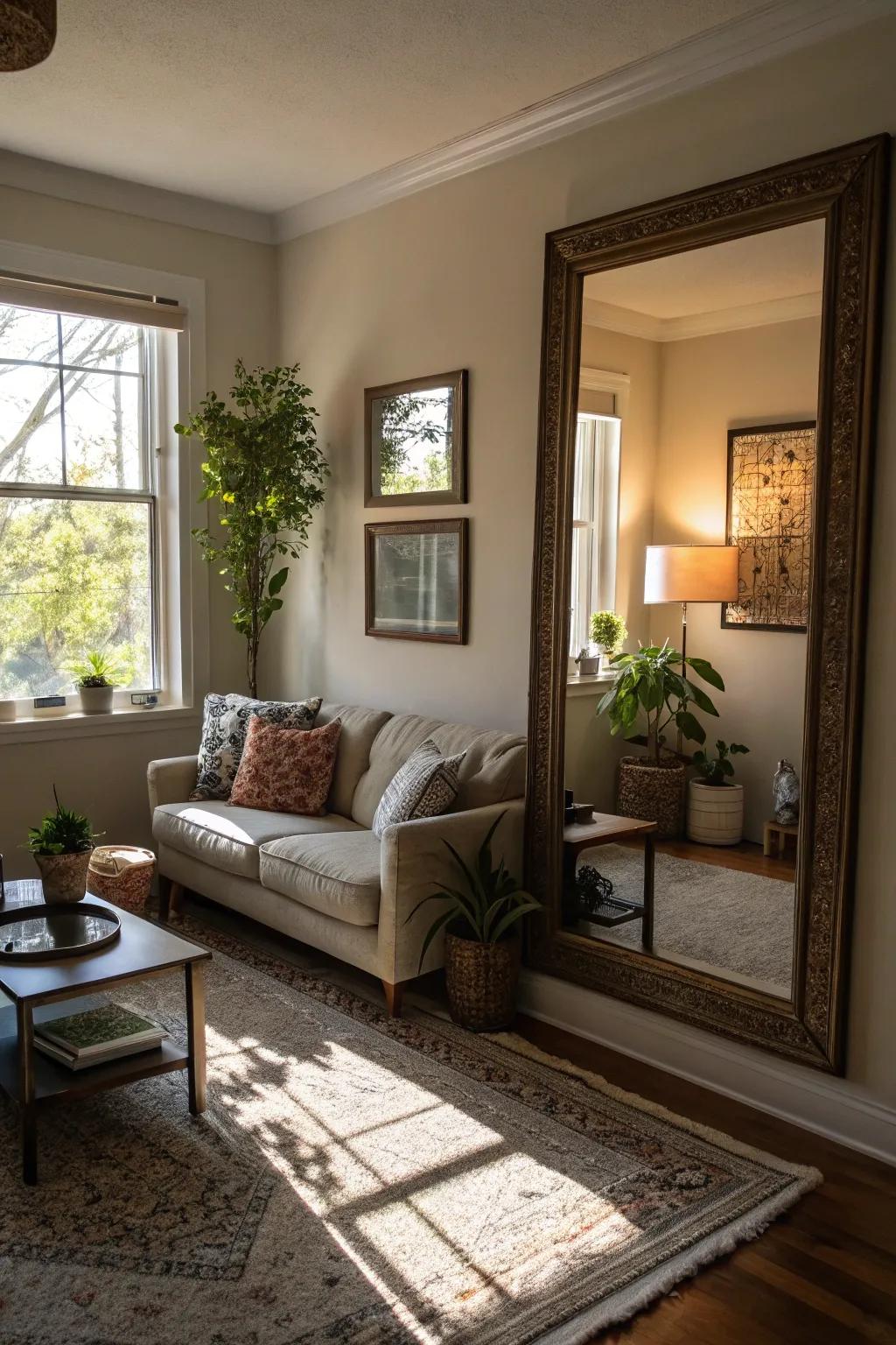 A thoughtfully positioned mirror enhances the light and feeling of spaciousness.