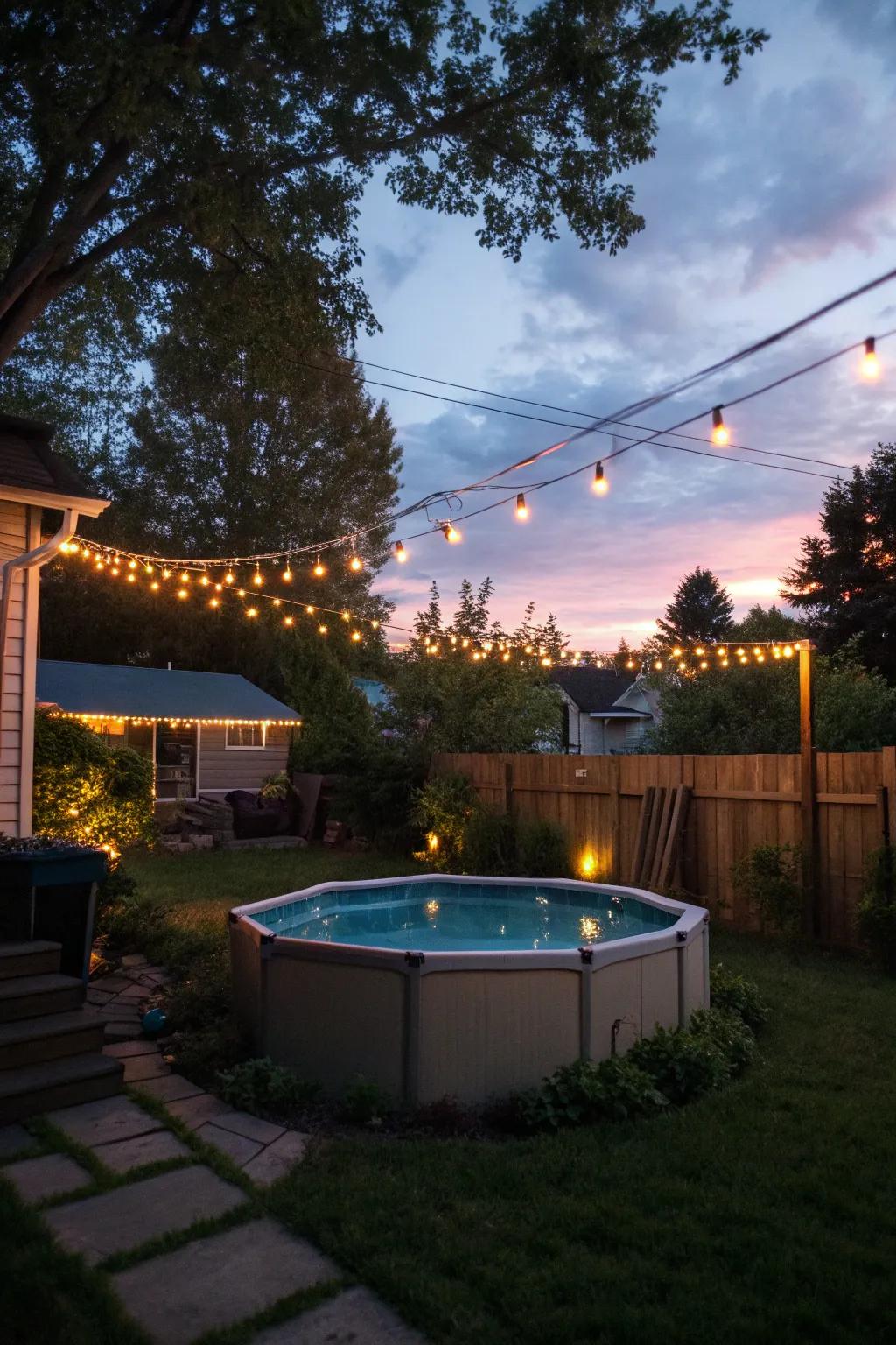 Twinkling string lights casting a warm glow over an above-ground pool, ideal for enjoying the night.
