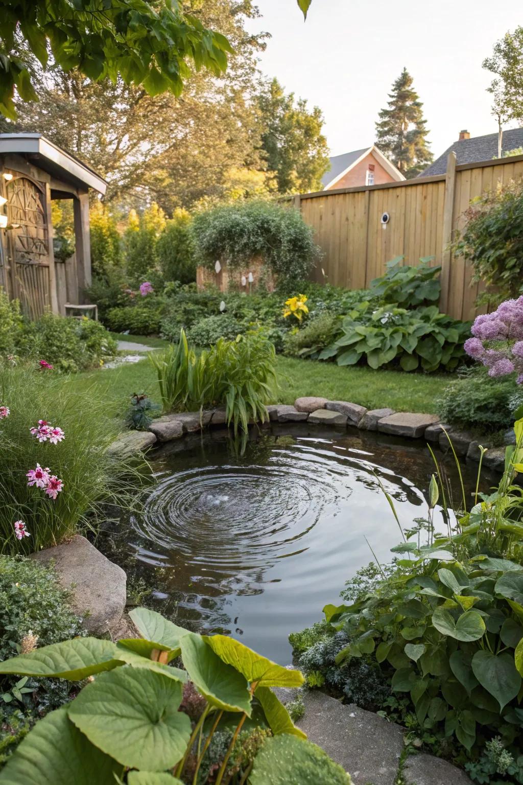 Thriving vegetation wraps around the small pond, generating a natural visual.
