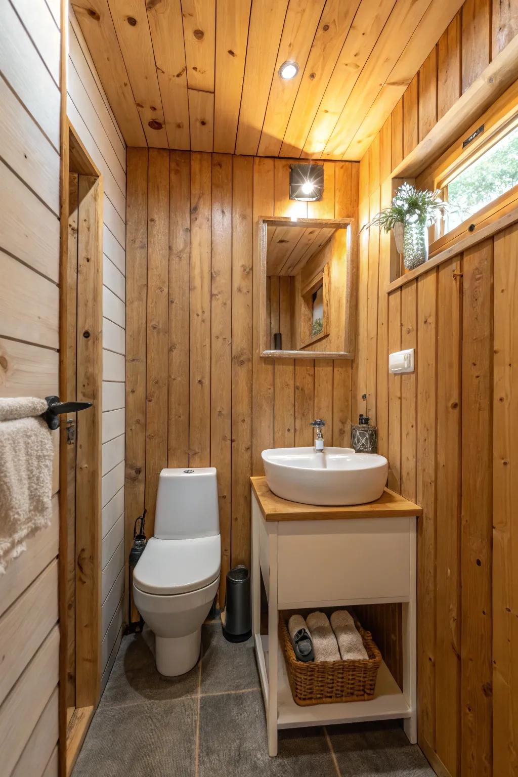 Wood panels lend warmth and a natural element to bathrooms.