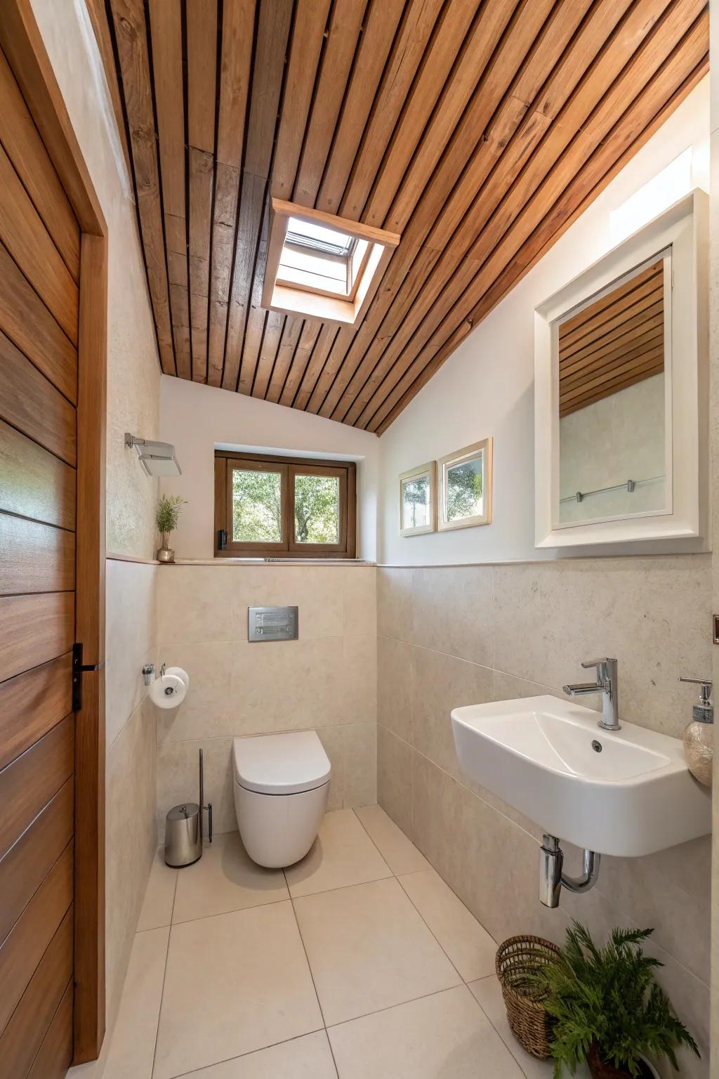 A sophisticated stripped wood ceiling adds a modern flair.