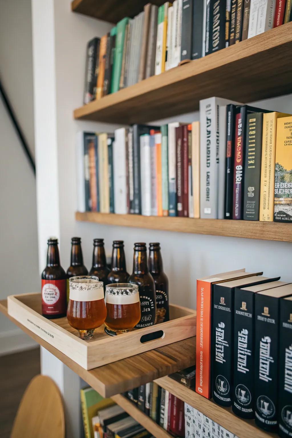 Bookshelf featuring brew display for a literary spin.