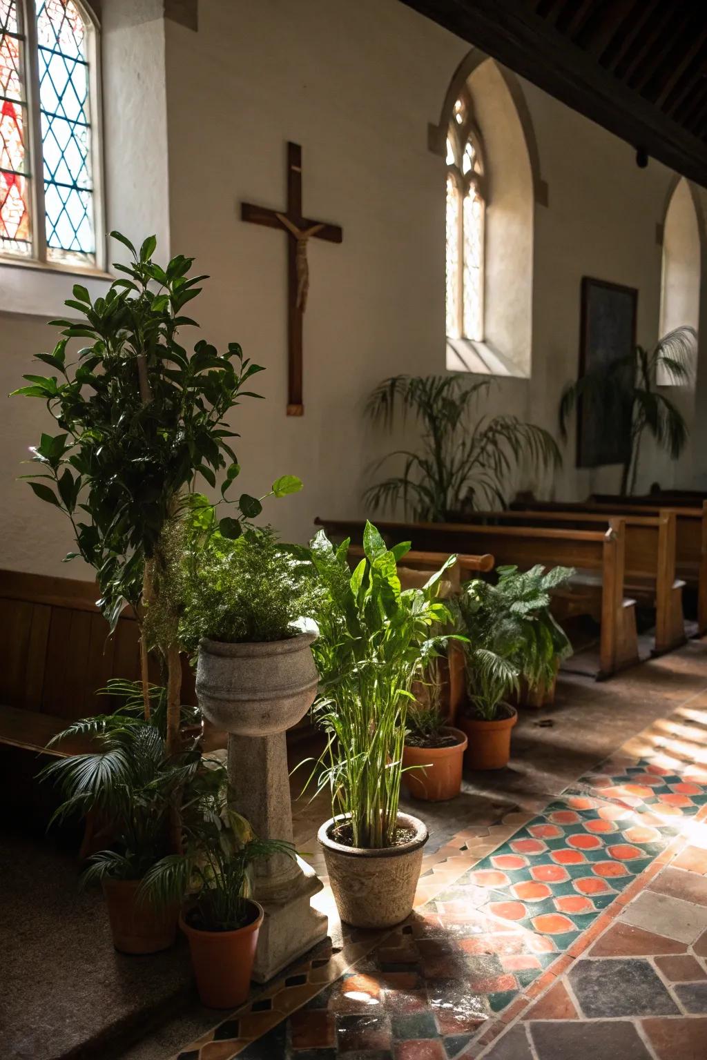 Abundant greenery introducing a fresh touch to a church entrance.