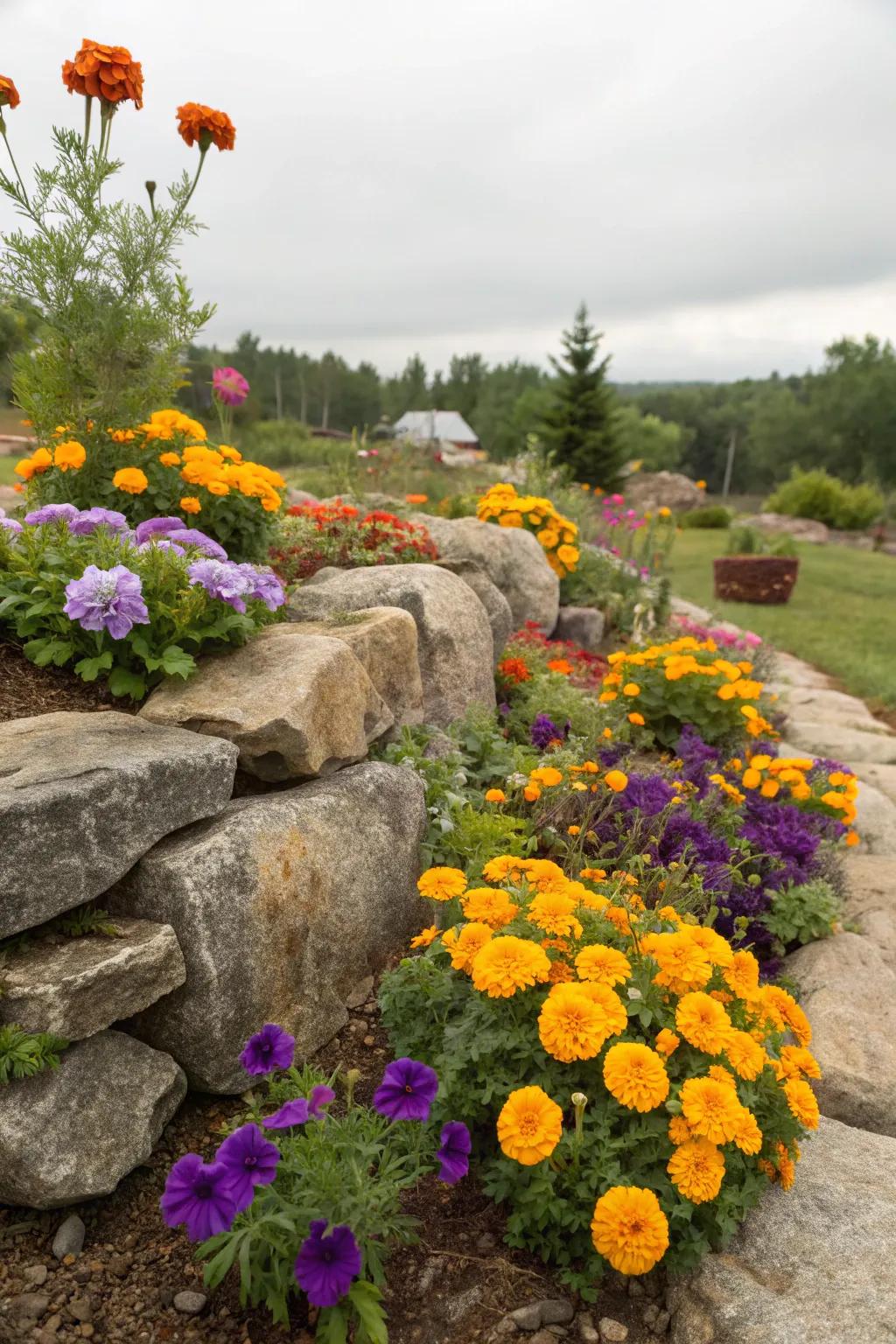 Radiant blooms animate a small corner rockery.