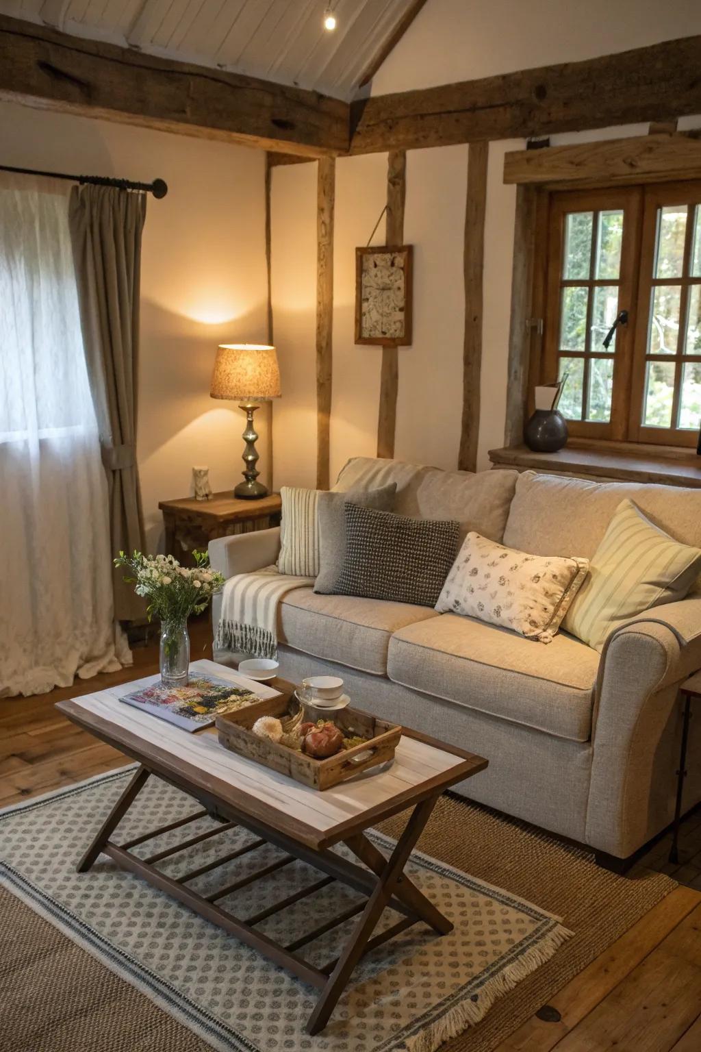 Streamlined furnishings boost space proficiency inside this cottage lounging space.