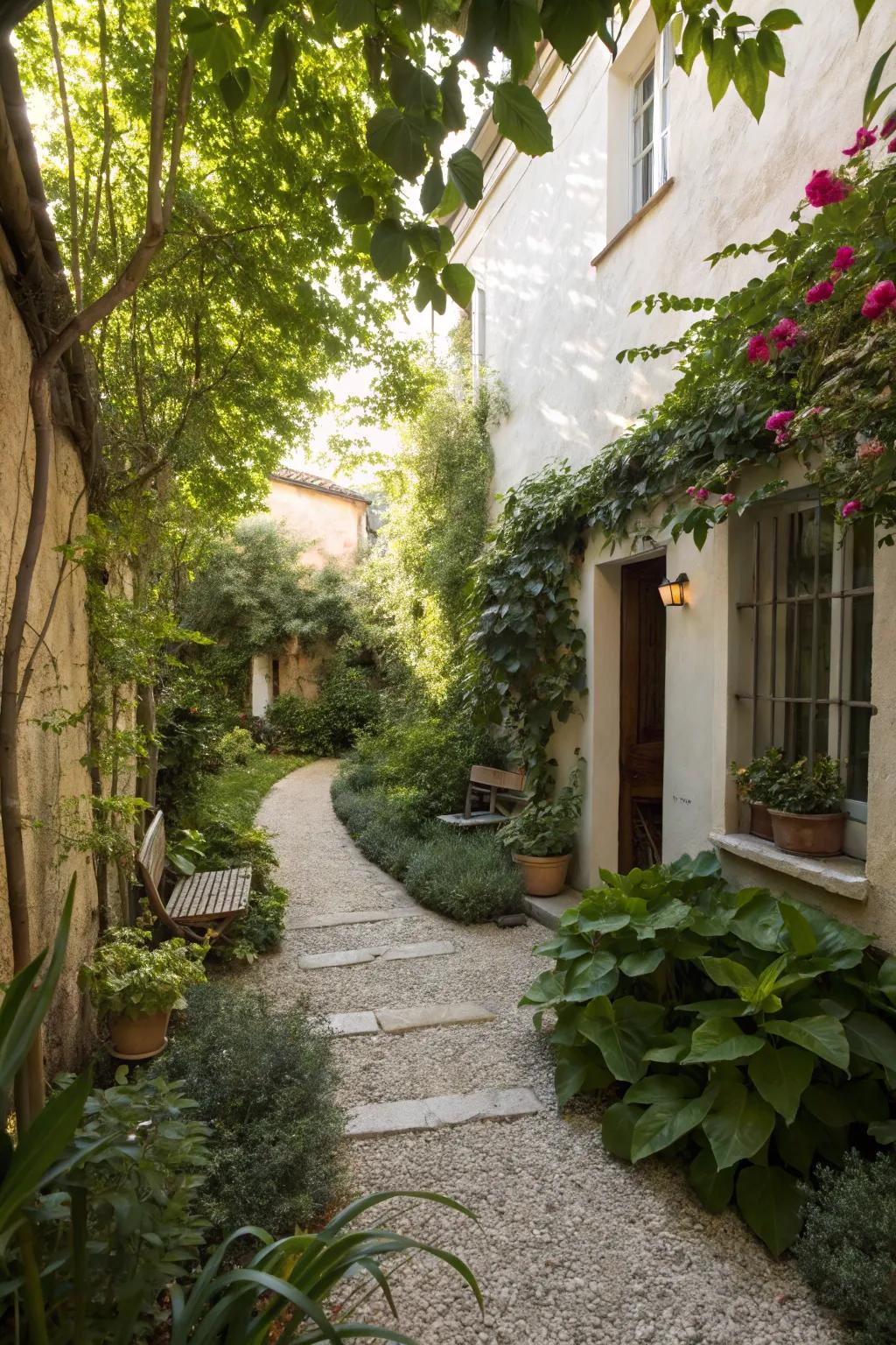 Pebble walkways enrich courtyards with countryside allure.