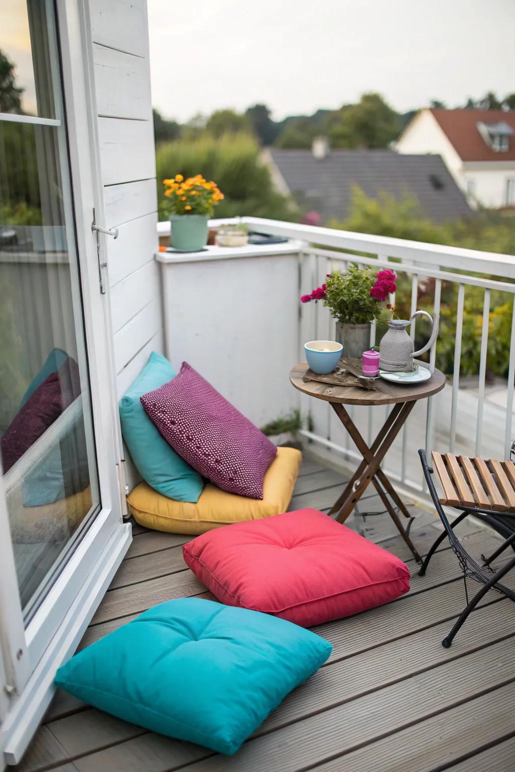 Small seating with vibrant pillows on a small deck.