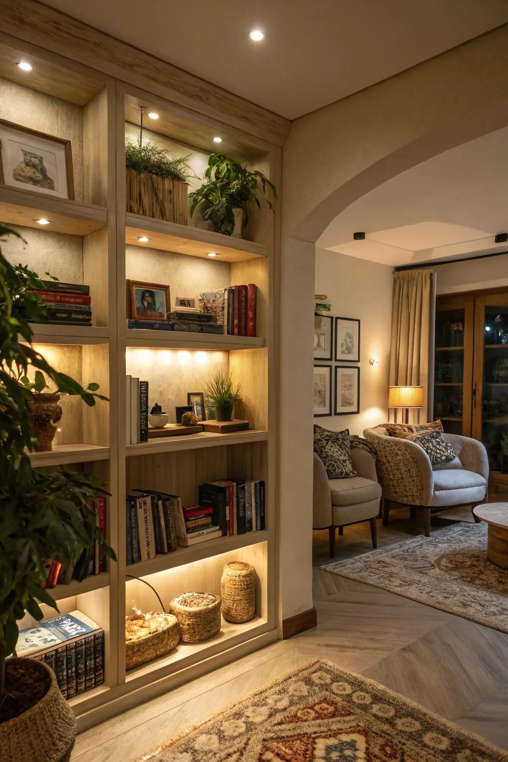 Factory-made shelves present stowage absent of occupying floor space.