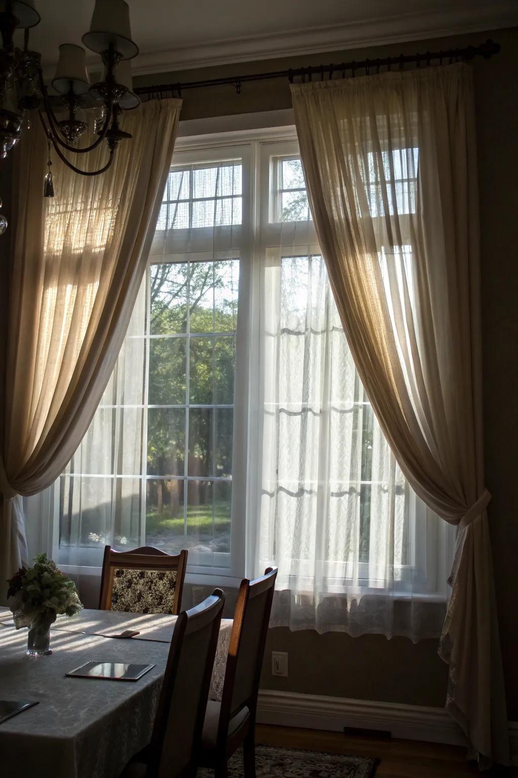Layered curtains provide dimension and versatility in controlling light.