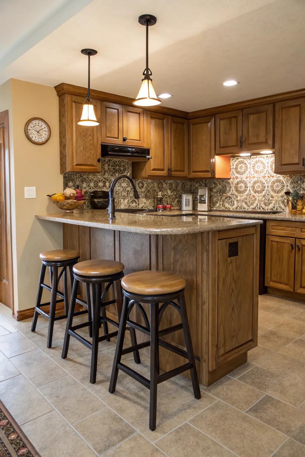 Bar seating introduces a contemporary vibe to smaller kitchens.