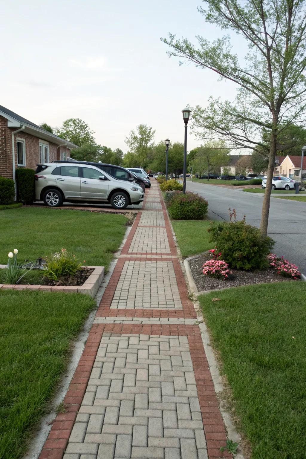 Utilizing brick pathways effectively demarcates parking and walking zones.