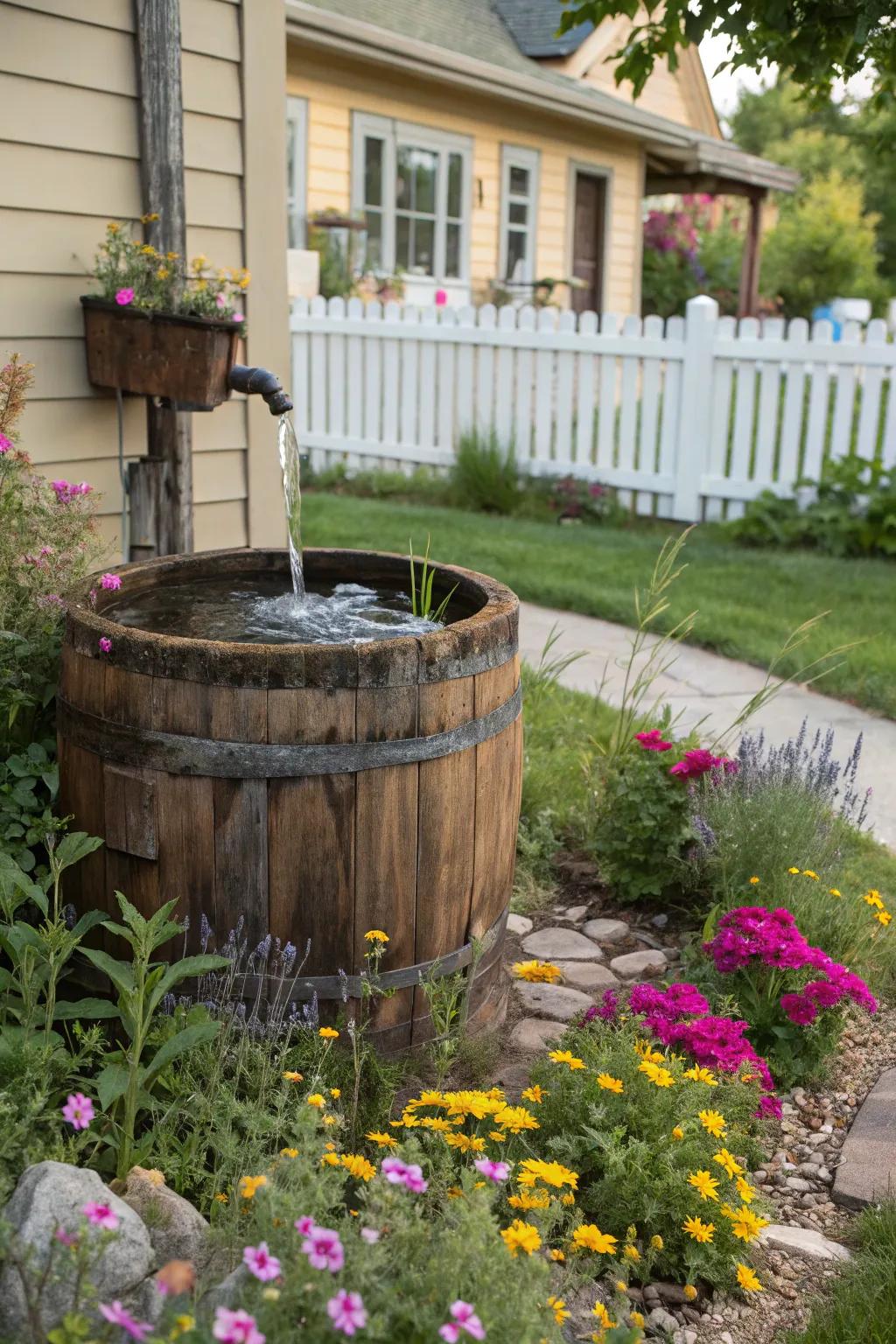 A timber cask water feature delivers countryside allure.
