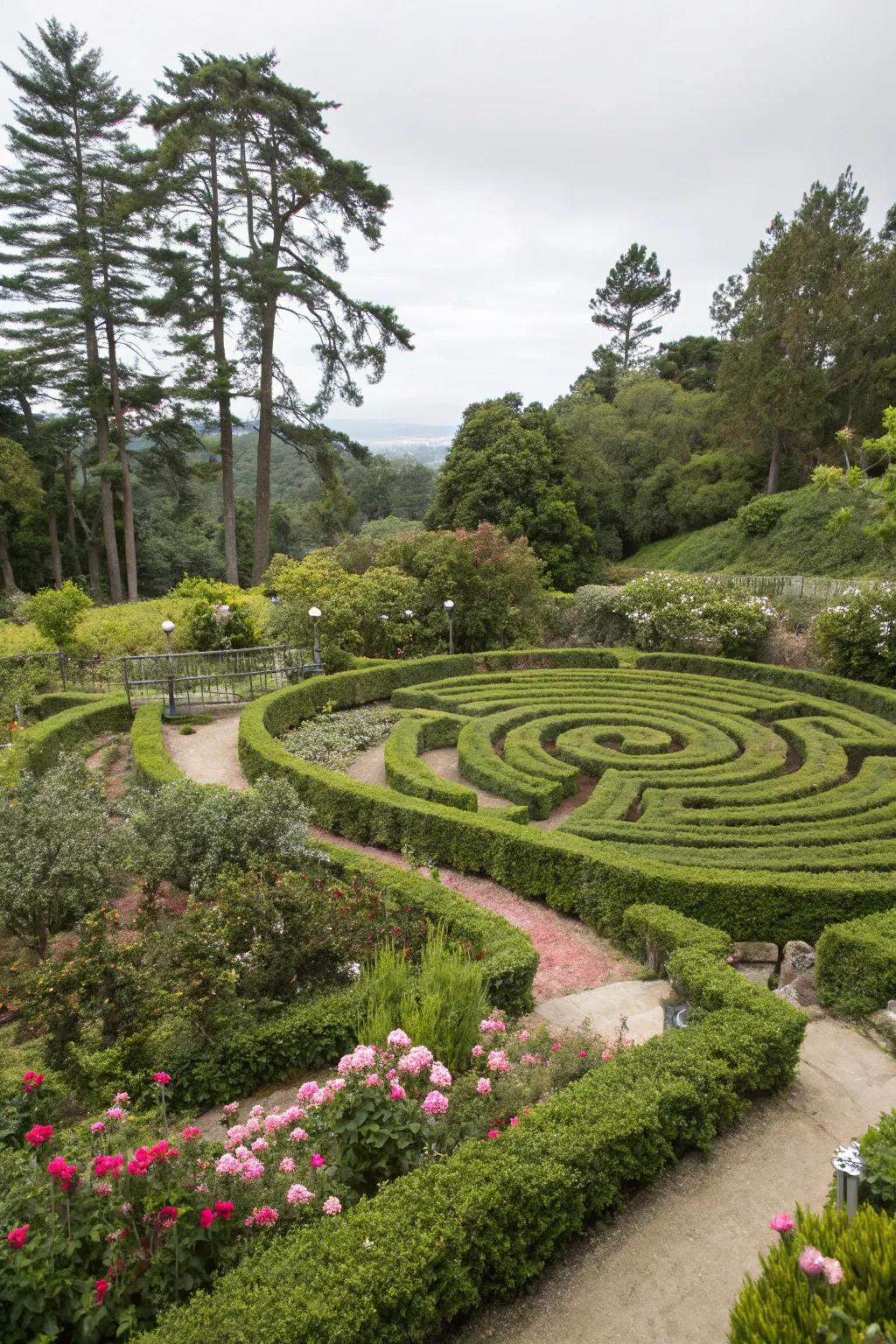 An elaborate rounded labyrinth configuration maximizing space in a small garden.