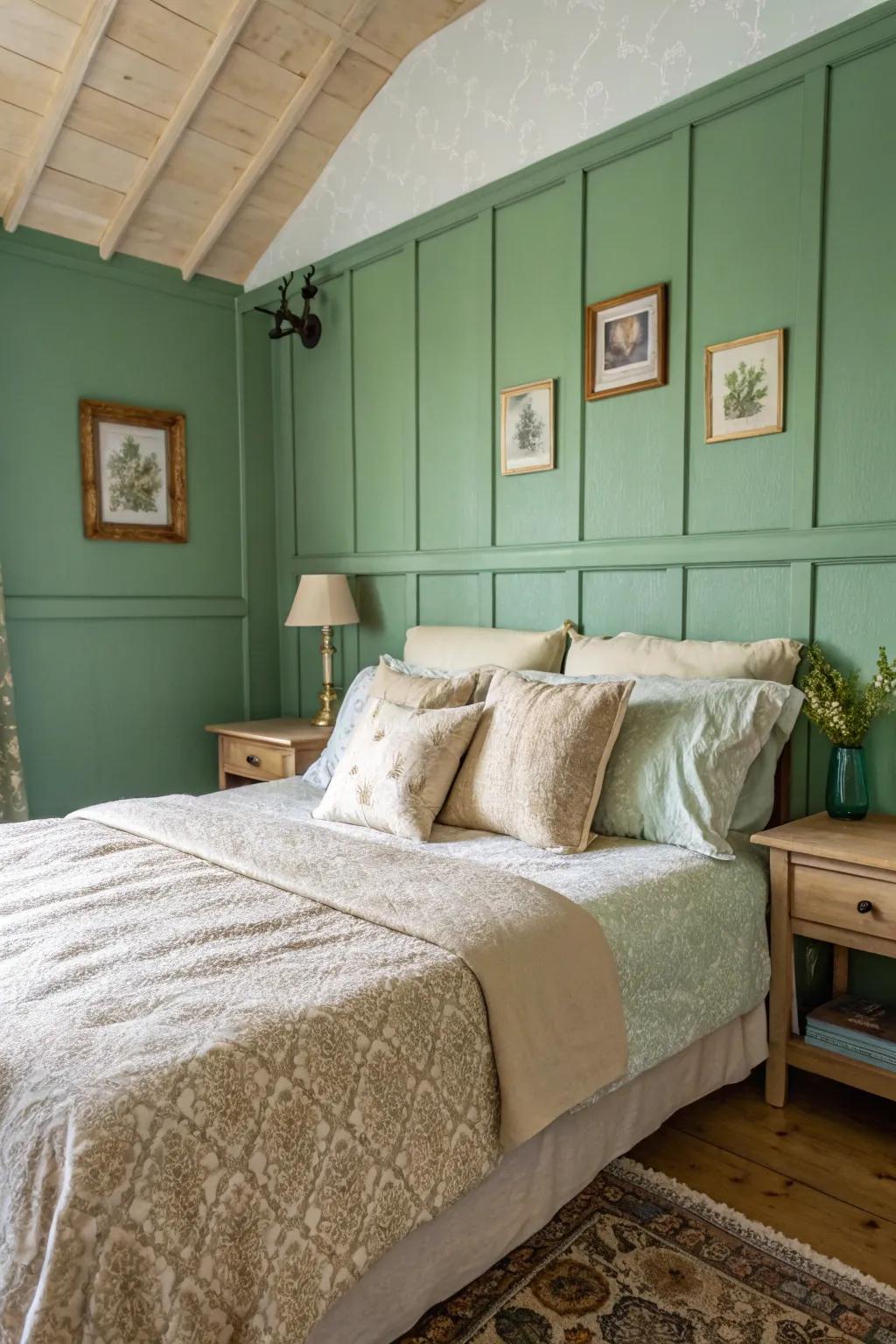 Lighter, softer bedding complements green walls gorgeously.
