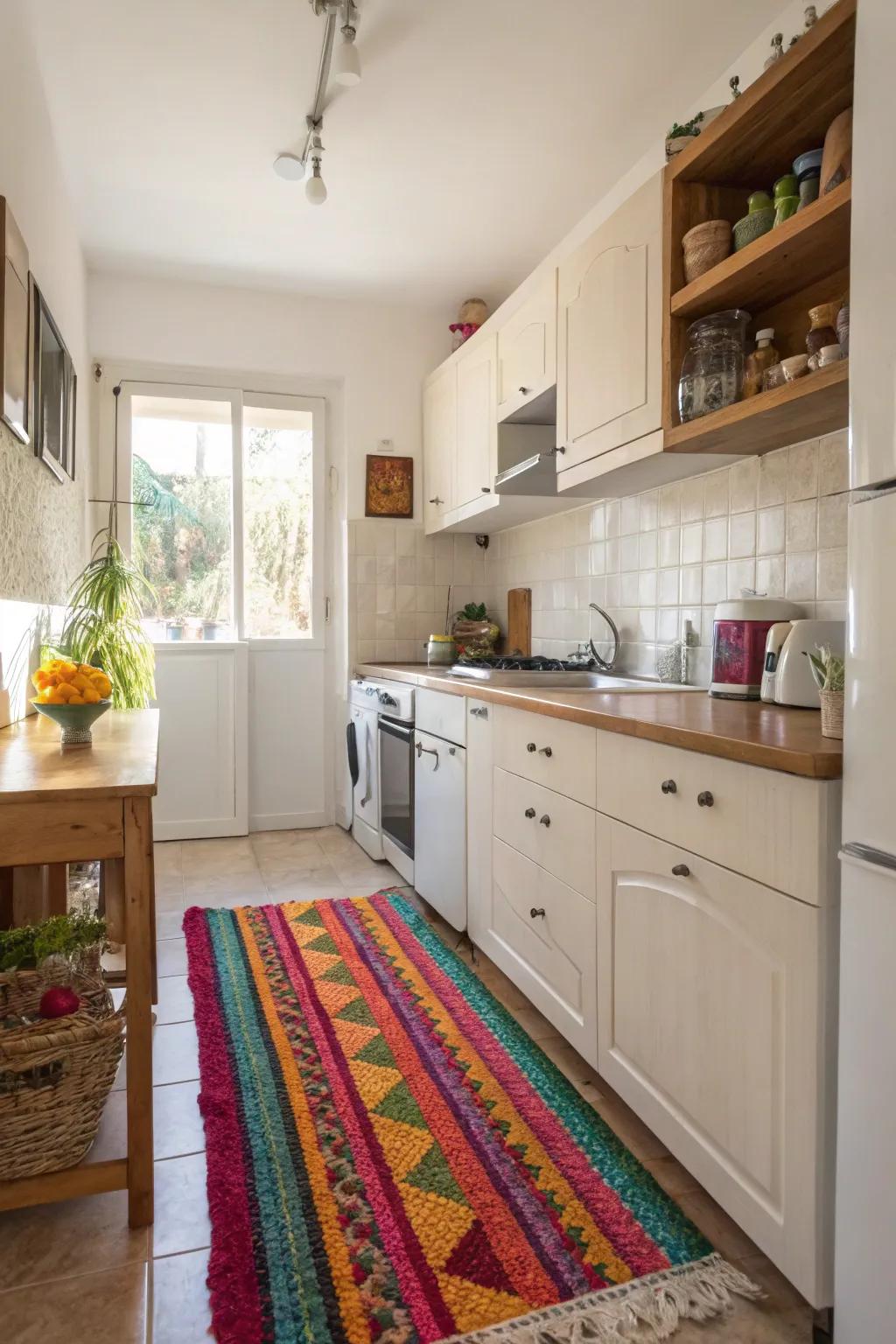 An eye-catching mat injects comfort and individuality into this small kitchen.