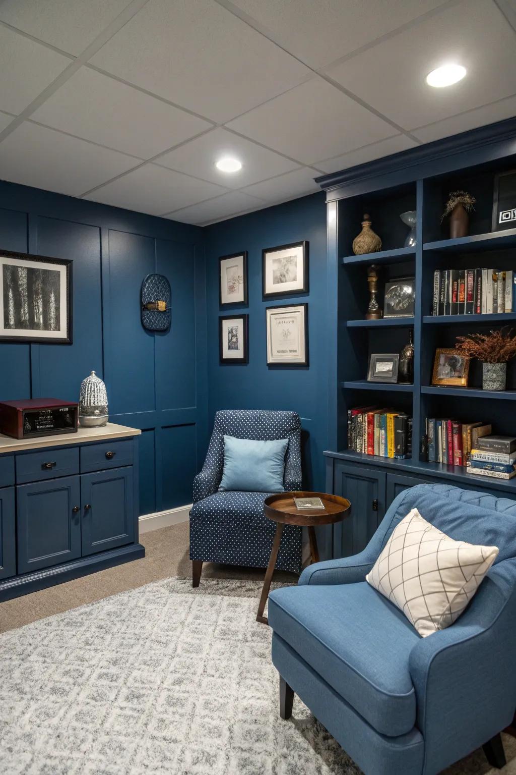 A single-color theme in shades of blue creates a look that is both spacious and unified.