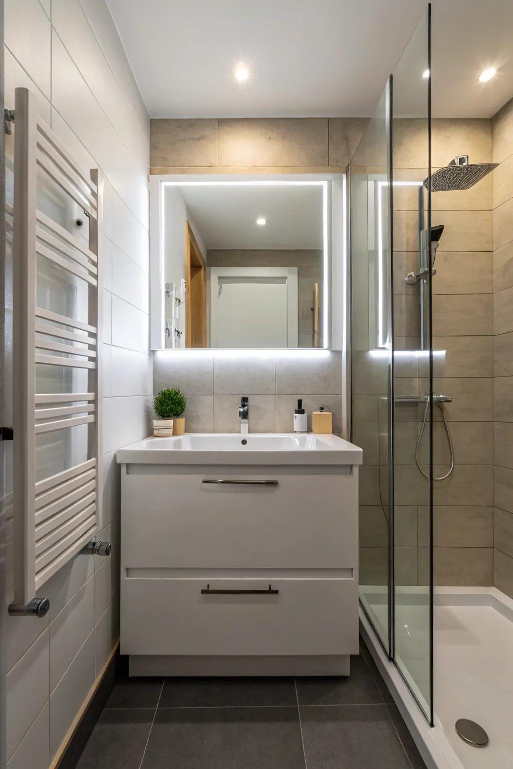 LED lighting enhances the contemporary design of this bathroom.