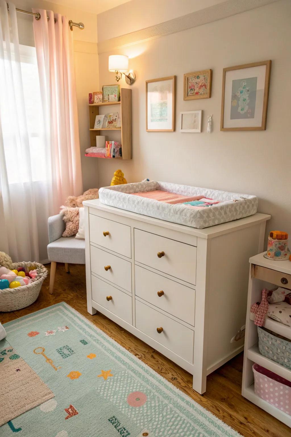A stylish chest of drawers that also works as a changing table.