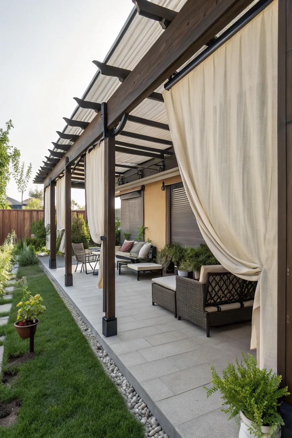 Movable textile awnings lend adaptability and panache to a petite framework.