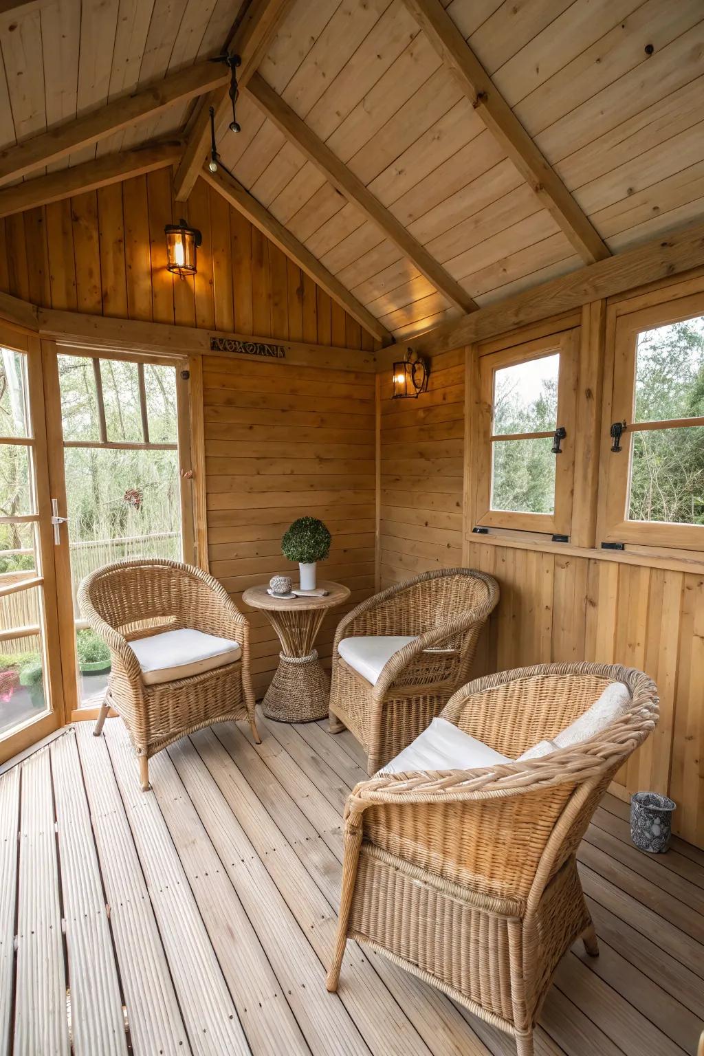 Warmth and texture achieved through natural textures like wood and woven materials.