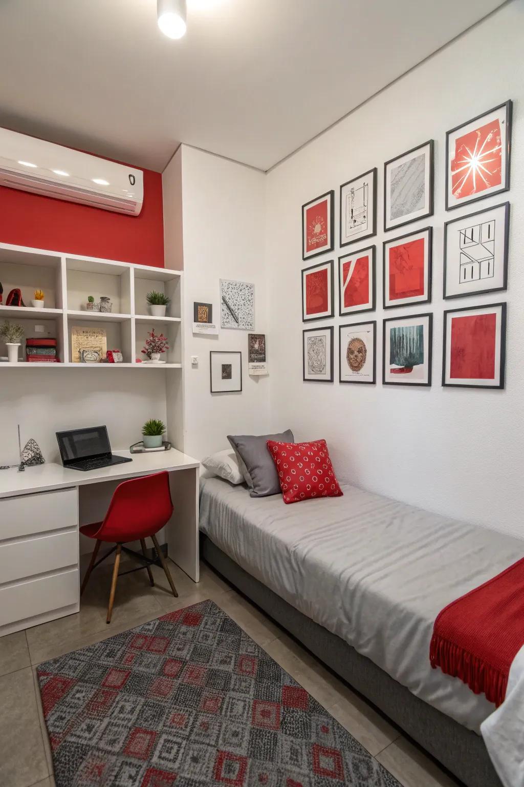 A small bedroom highlighting artistic pieces in scarlet and charcoal, bringing in character and dimension.