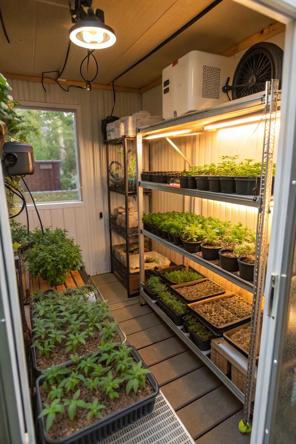 A lively small-scale greenhouse housed within a compact shed.