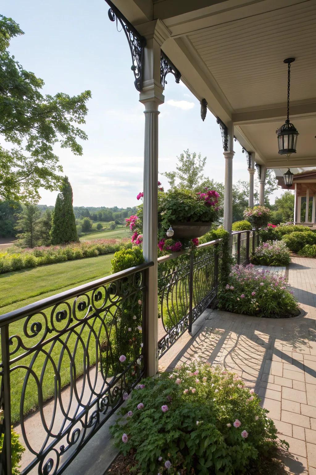Side porch featuring elegant metal railings for a refined look.