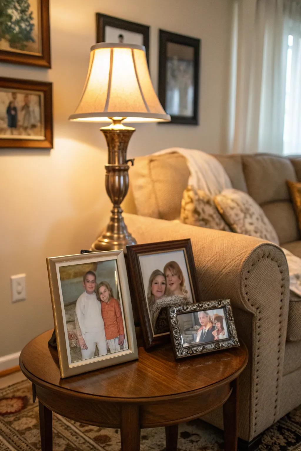 Individualized visuals in tasteful frames enrich a side table.