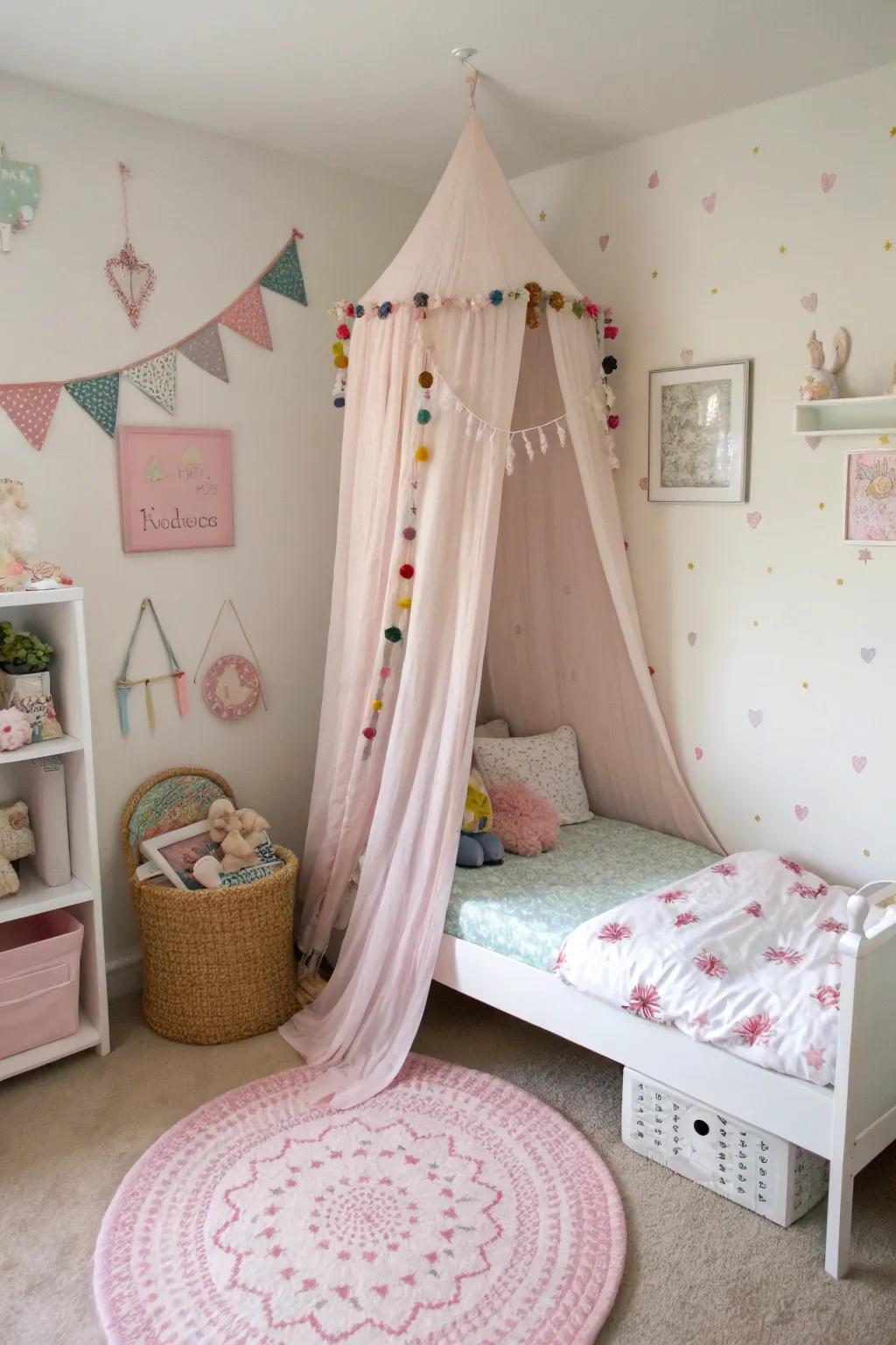 A delicate canopy crafts a cozy and fanciful corner.