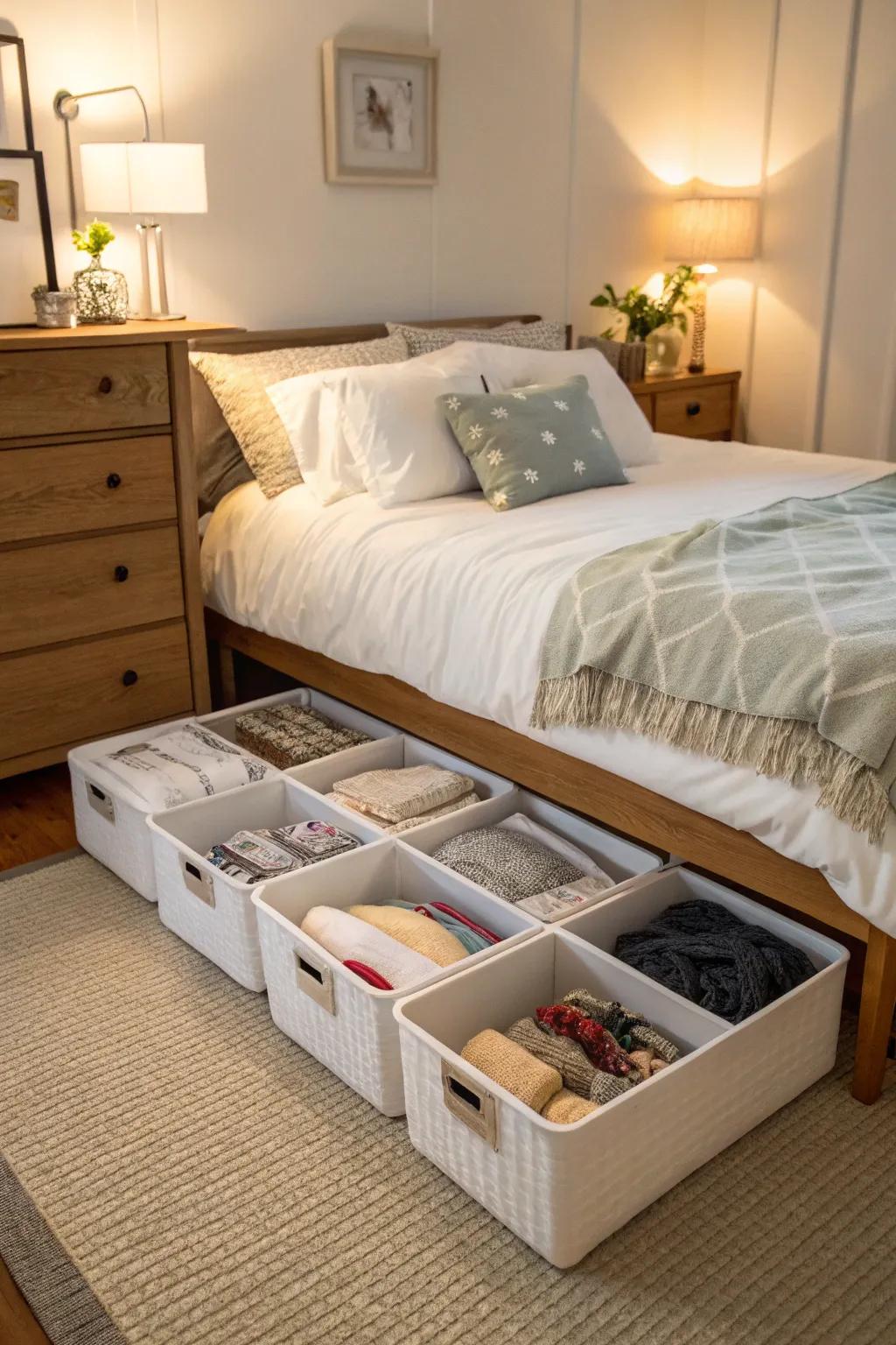 Well-organized storage containers located under a bed in a stylish sleeping quarter.
