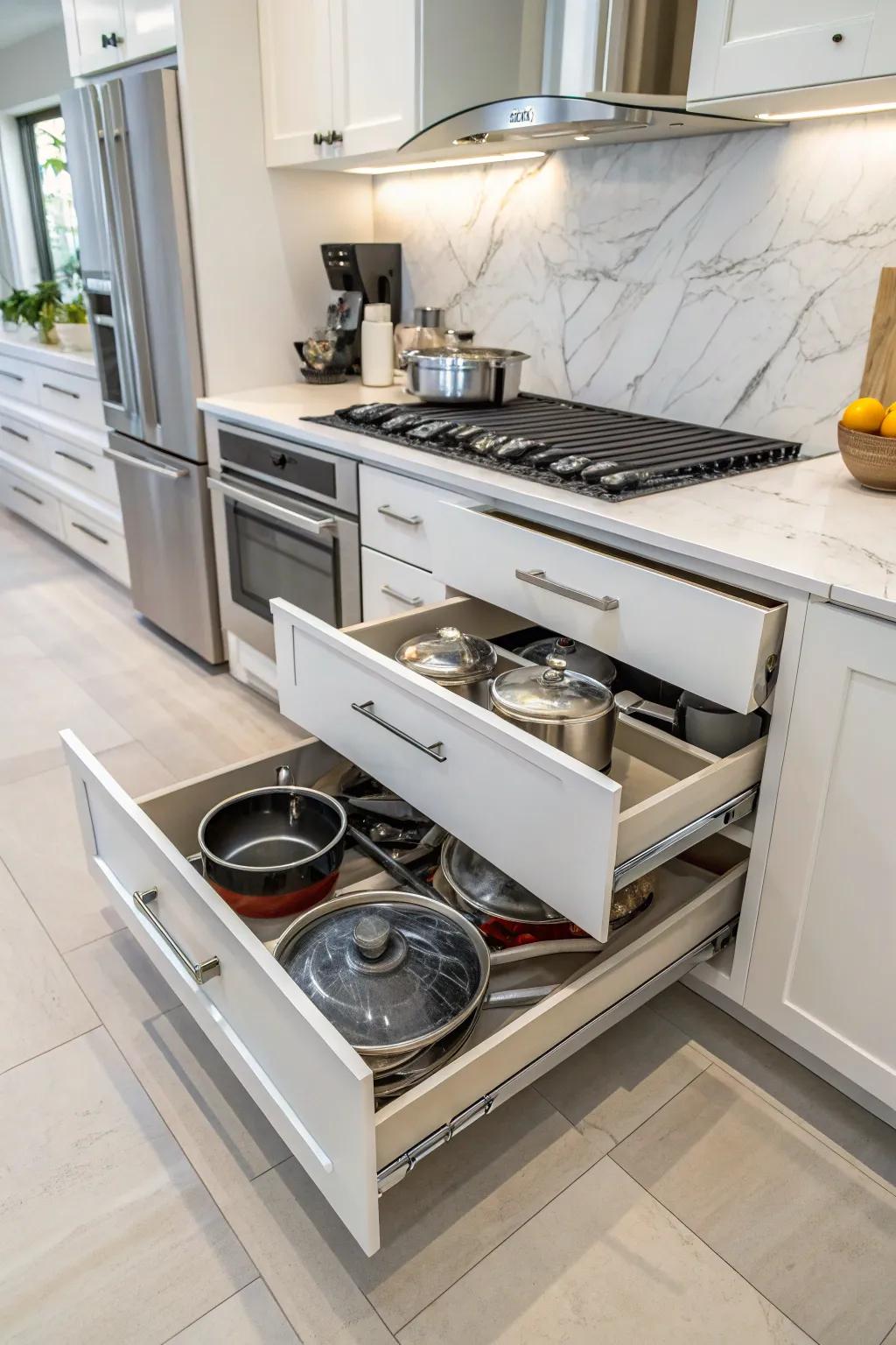 Extendable drawers ensure essential kitchen items are well-organized.