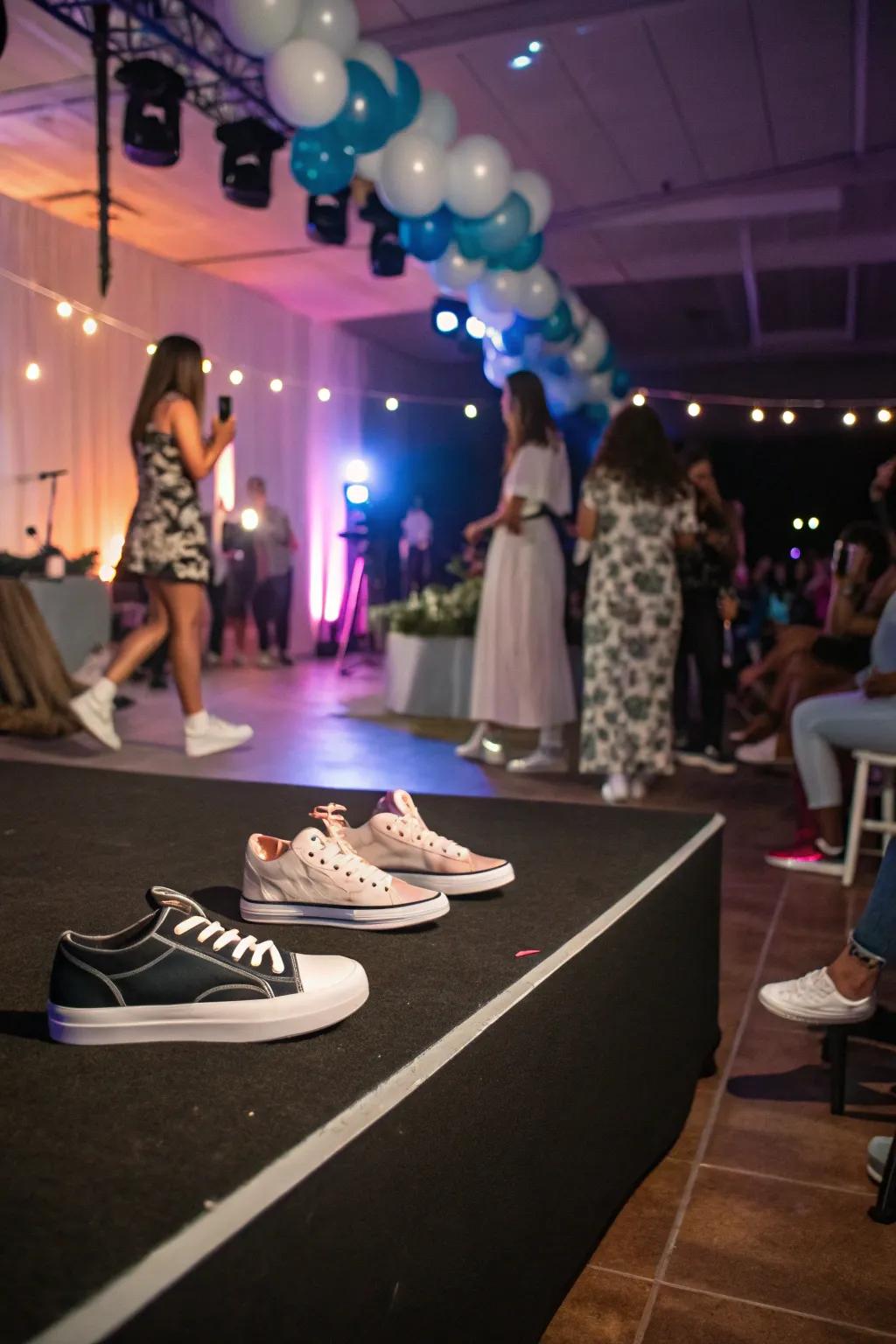 Guests flaunting footwear on a stylish walkway.