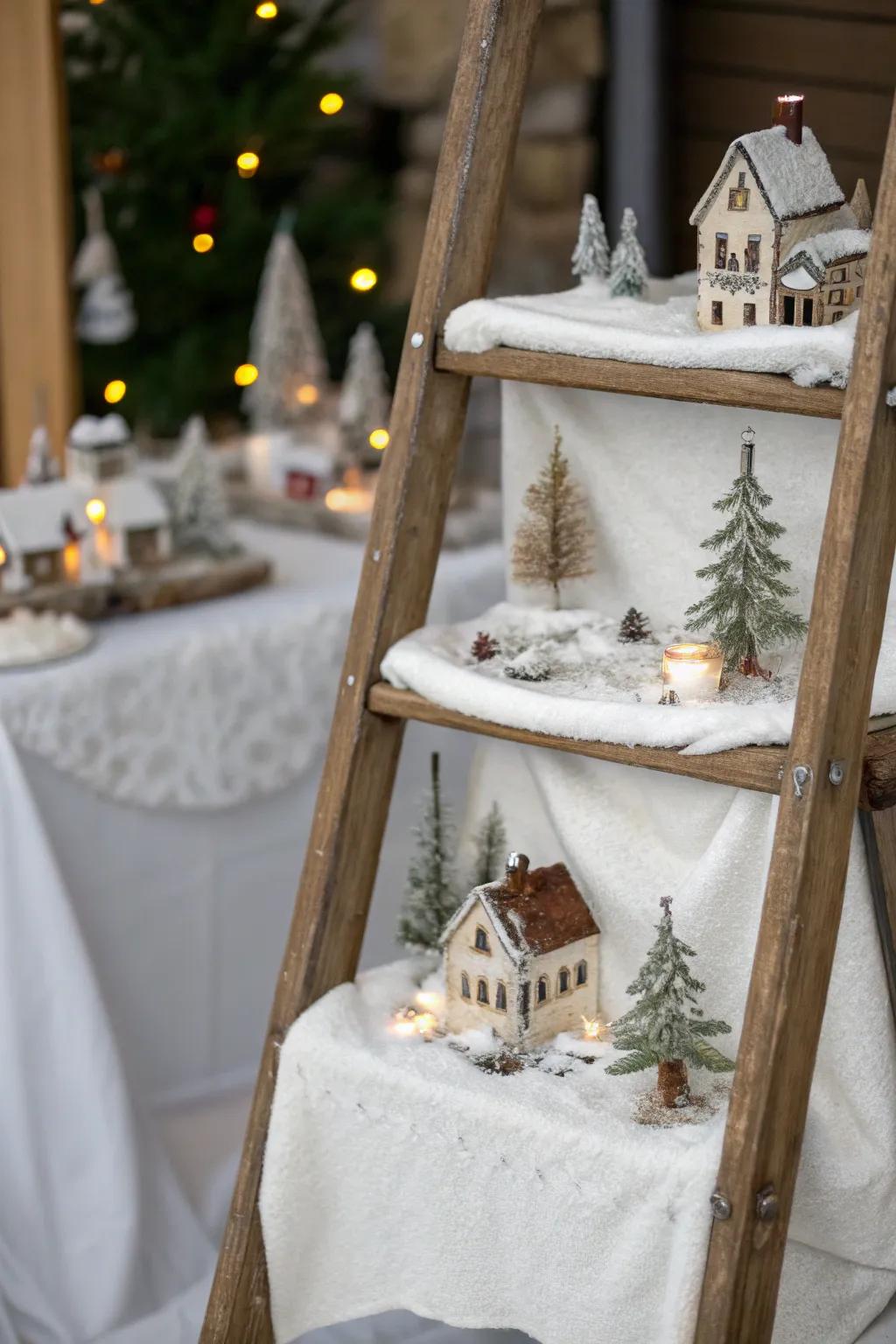 A weathered ladder presents a distinctive staged display for your village.