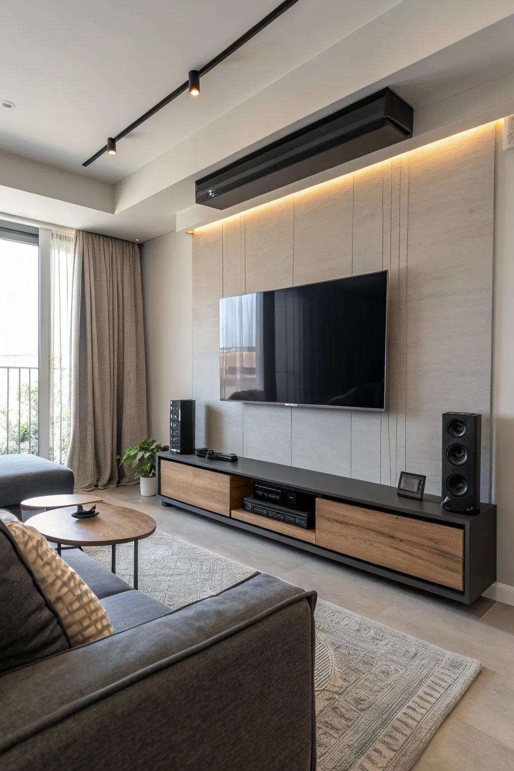 Audio enhancer suspended beneath a mounted TV