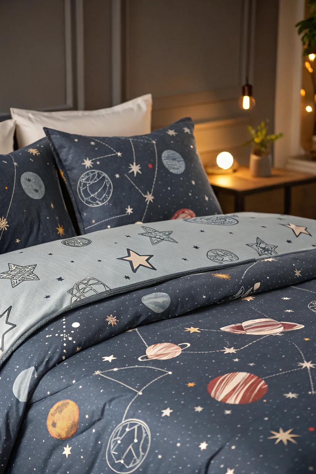 Celestial bedding mixes comfort with cosmos design.