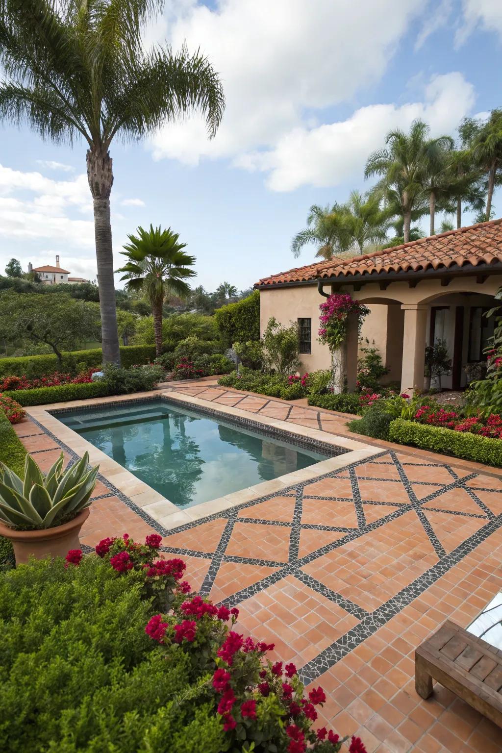A geometric pool design adds a modern touch to this traditional Spanish setting.