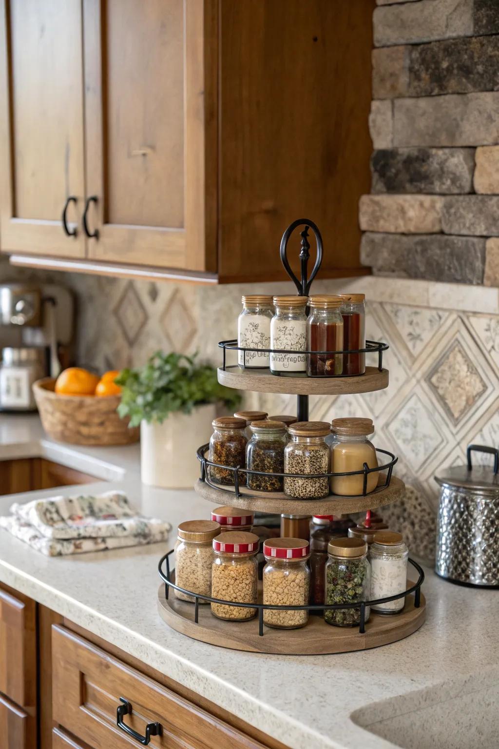 Effective staggered racks for spice storage.