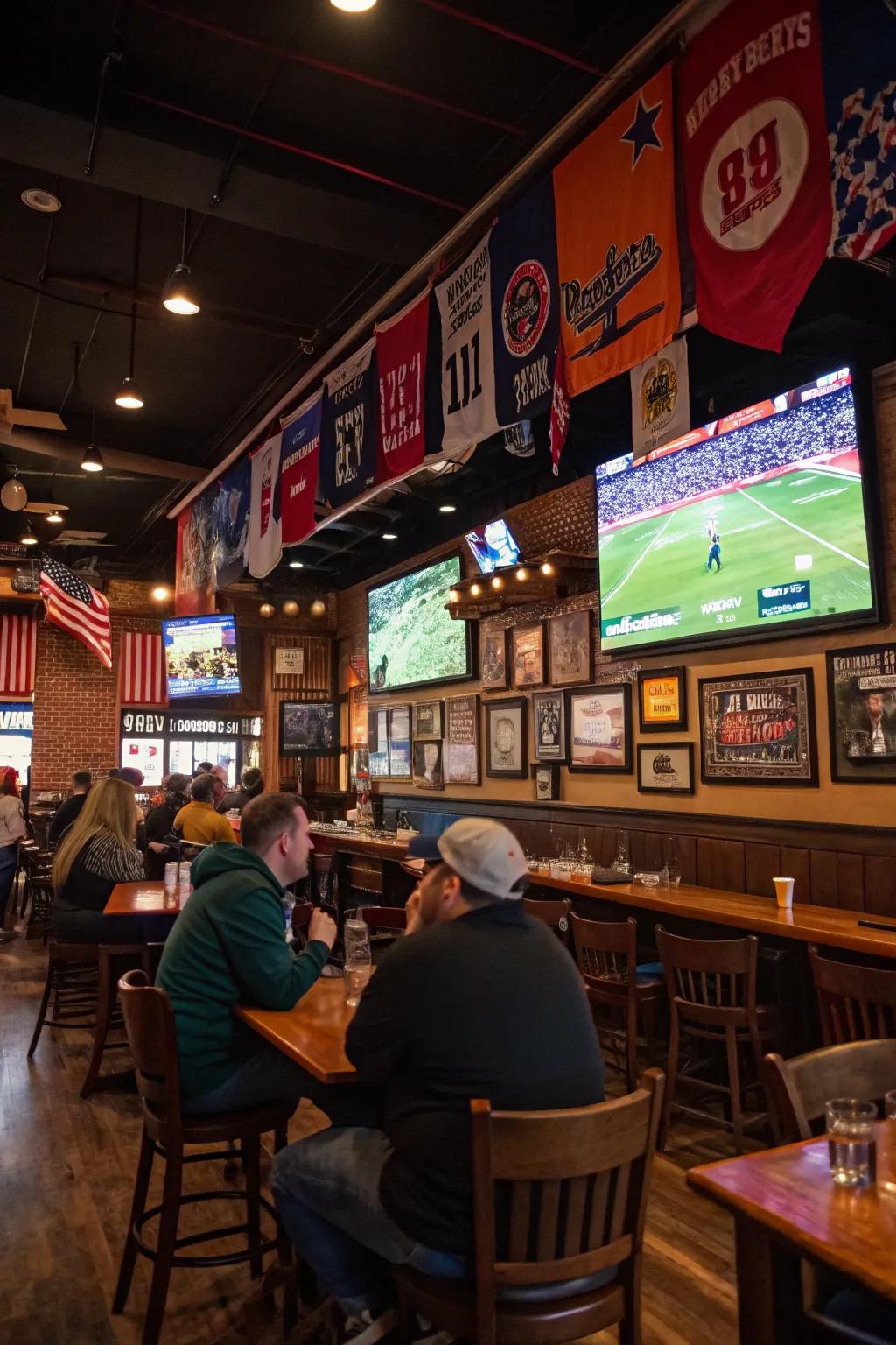 Sports memorabilia and team flags add a personal element to your area.